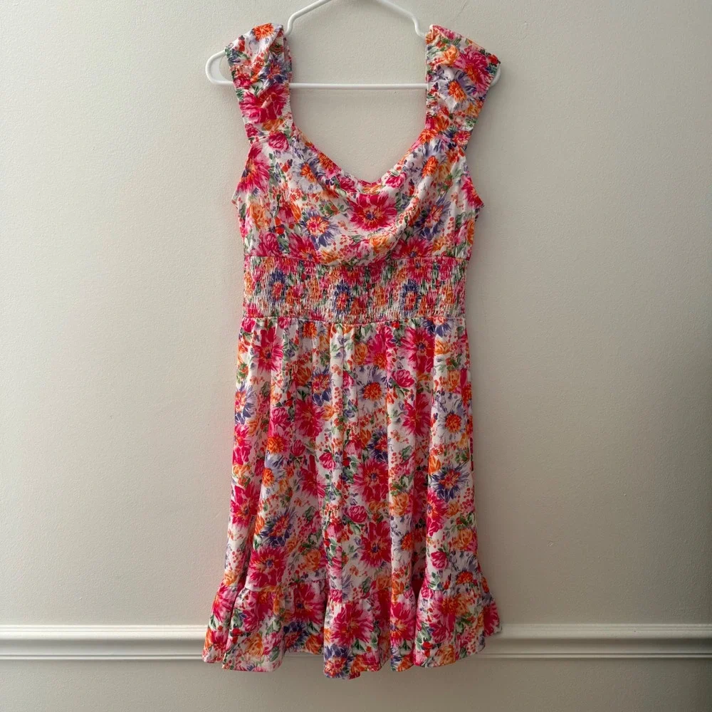 Grace Karin Floral Smocked Square Neck Flutter Sleeve Midi‎ Dress Women M